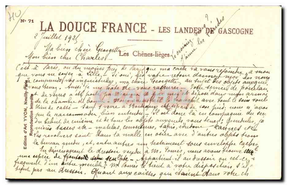 Les Chênes-lièges — Les Landes de Gascogne — Édition d'Art YVON, N° 71 — Rückseite