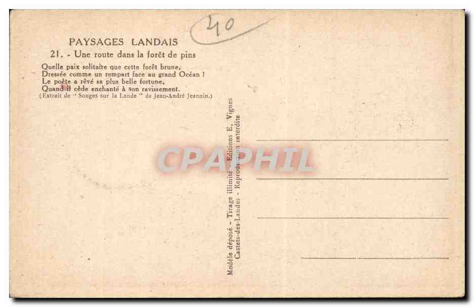 Route dans la forêt de pins — Paysages Landais — Éditions E. Vignes — Rückseite
