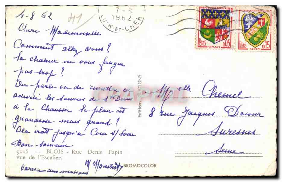 CPSM Blois Rue Denis Papin vue de l'escalier — Verso