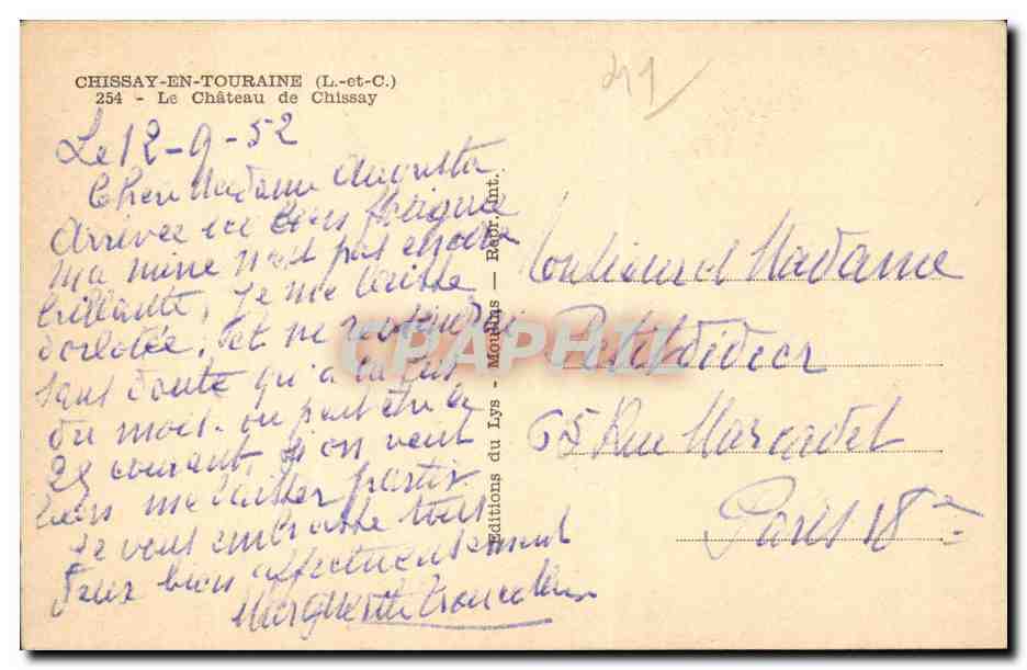 CPA Chissay en Touraine le chateau de Chissay — Rückseite