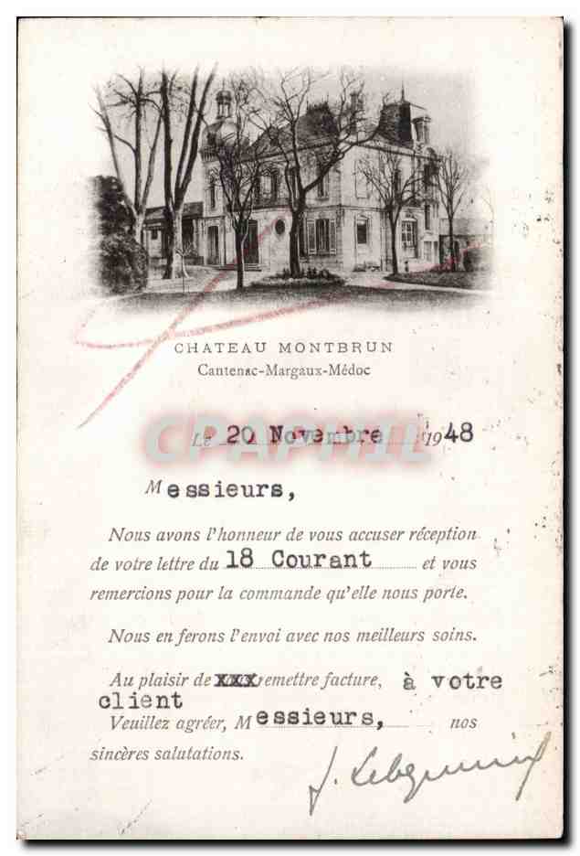CPA Chateau Montbrun Cantenac Margaux Medoc invitation Reception du 20 novembre 1948 