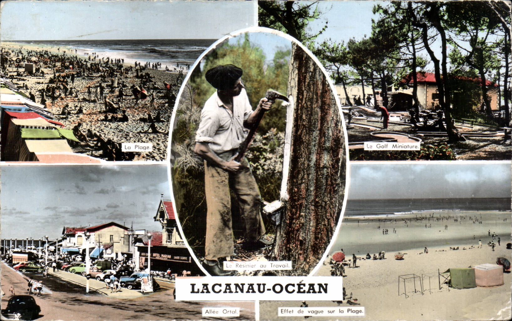 Lacanau-Océan — Vue de la plage, du golfe miniature, du résineur et de l’allée Ortol — Éditeur Artaud Frères, Nantes