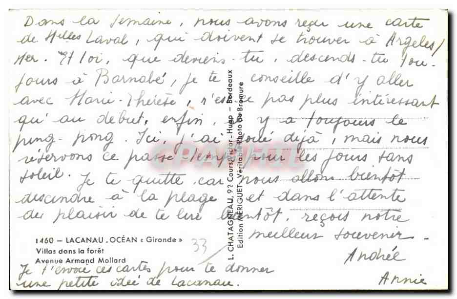 CPSM Lacanau Ocean Villas dans la foret Avenue Armand Mollard — Verso