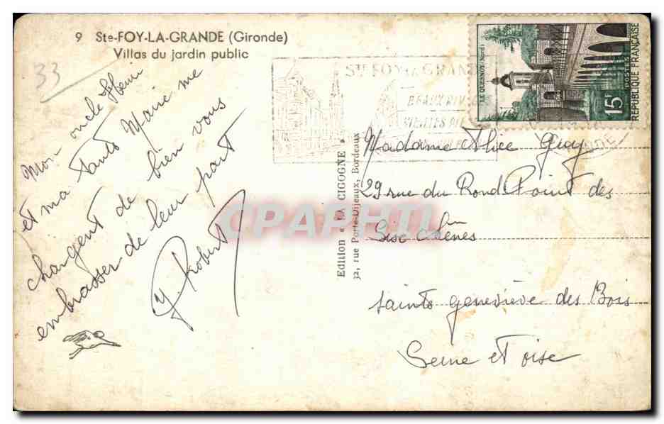 Villas du jardin public — Ste-Foy-la-Grande (Gironde) — Édition de La Cigogne, Bordeaux — Verso