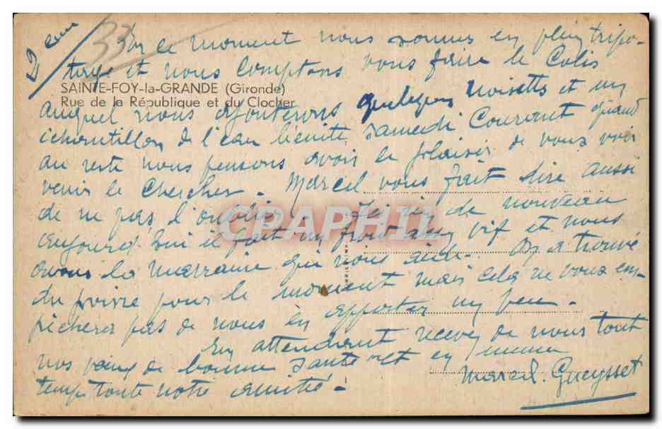 CPA Ste Foy la Grande Rue de la Republique et du clocher — Verso