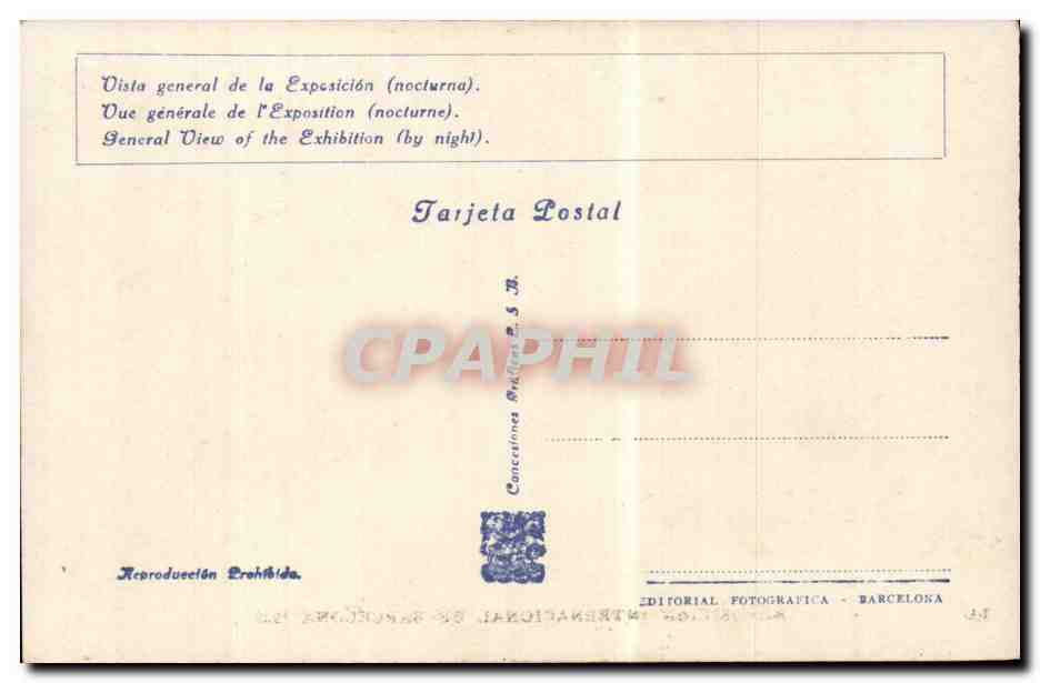 CPA Espagne Espana Spain Exposicion International de Barcelona 1929 — Rückseite