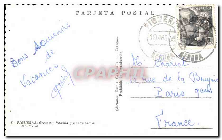 CPSM Espagne Spain Espana Figueras Rambla y monumento a Monturiol — Back