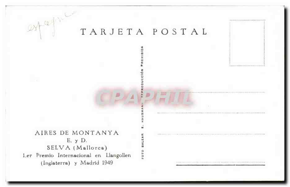 CPA Espagne Espana Spain Aires de Montanya Selva 1er Premio internacional en Llangollen y Madrid 1949 — Back