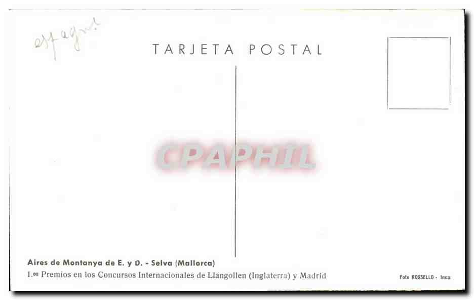 CPA Espagne Espana Spain Aires de Montanya Selva 1er Premio internacional en Llangollen y Madrid 1949 — Back