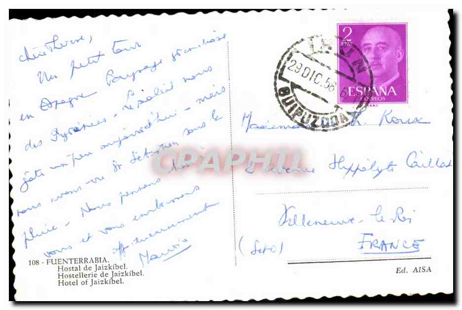 CPA Espagne Spain Espana Fuenterrabia Hostal de Jaizkibel — Rückseite
