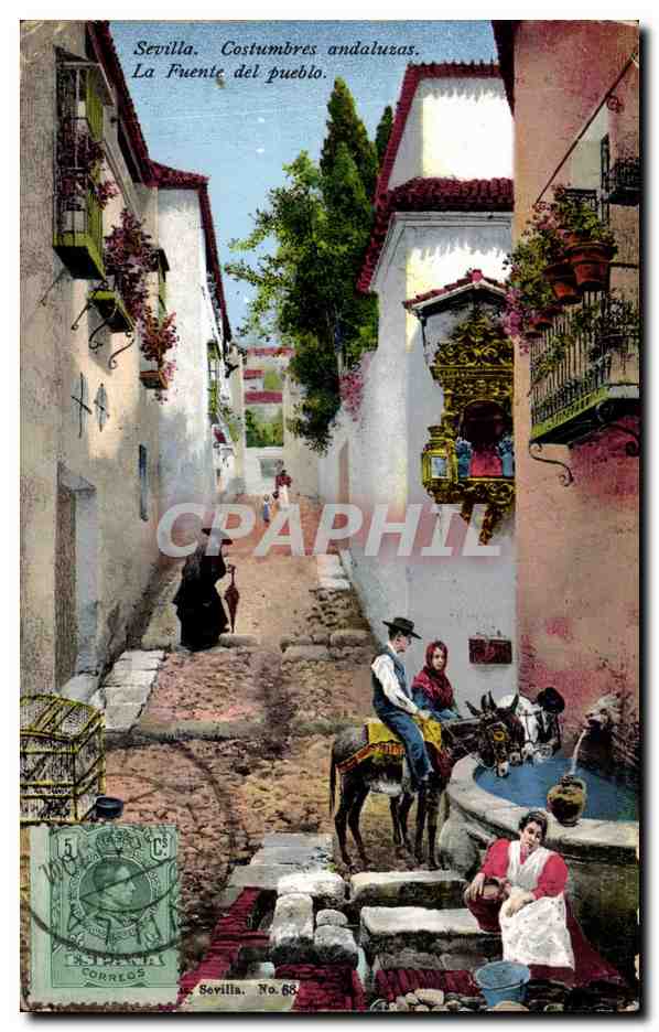 CPA Espagne Espana Spain Sevilla Costumbres andalusas La fuente del pueblo Ane Donkey