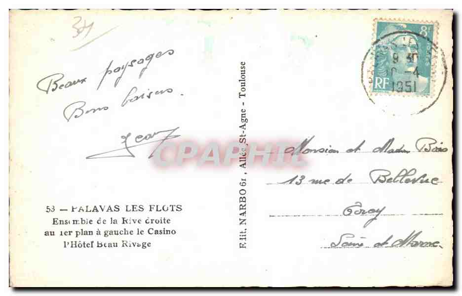 Palavas-les-Flots — Ensemble de la Rive droite au 1er plan à gauche le Casino, l'Hôtel Beau Rivage — F. Lito. Narbo — Rückseite