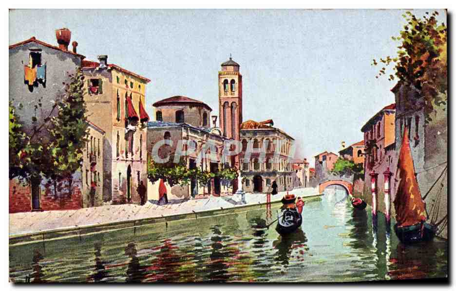 Vue de Venise — Canal avec gondole et église — CPAPHIL