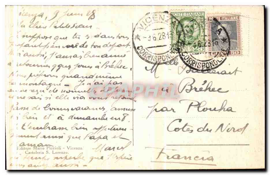 Italia - Italie - Italy - Vicenza - Piazza Vittorio Emanuele - CPA  — Rückseite