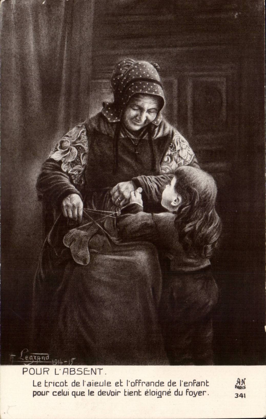 Grand-mère et enfant — tricot et offrande pour l'absent — Leargno, Paris, n° 341