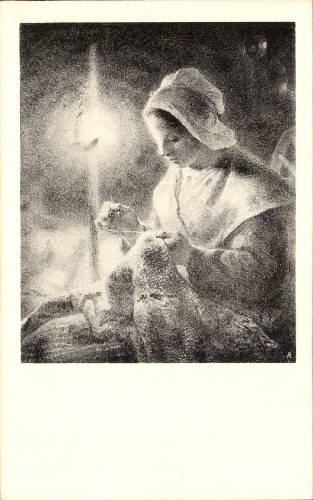 Femme cousant à la lampe — reproduction d'une œuvre de Jean-François Millet (1814-1875) — The Frick Collection, New York