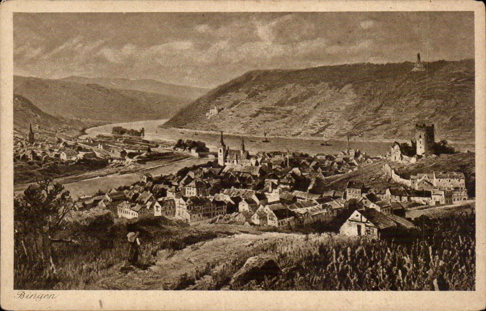 Bingen — vue panoramique du Rhin — éditeur Astöldin-Karten & Bocciaedt-Köln, n° 107