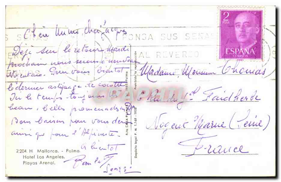 CPA Espagne Spain Espana Mallorca Palma Hotel los Angeles — Rückseite