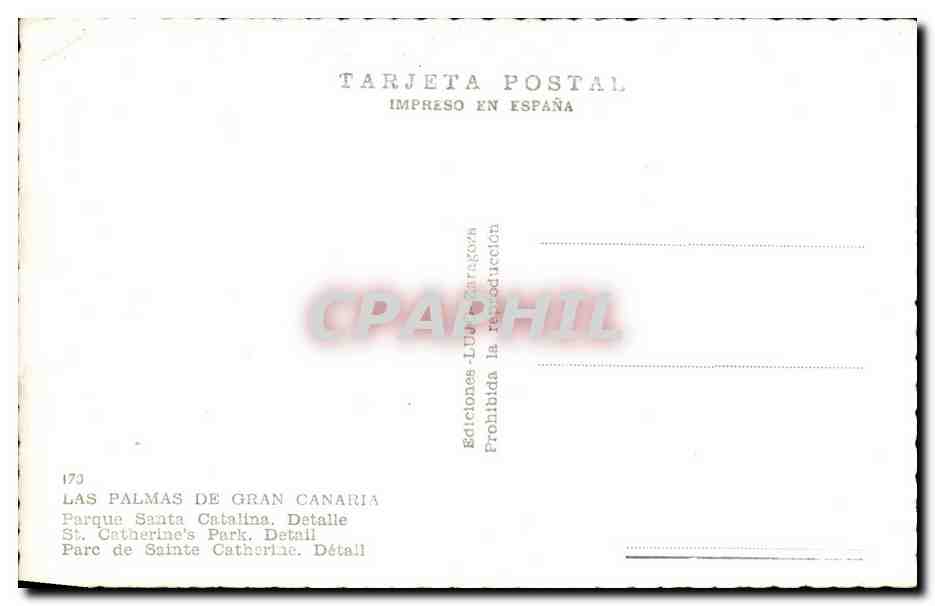 CPA Espagne Spain Espana Las palmas de Gran Canaria Parque Santa Catalina  — Rückseite