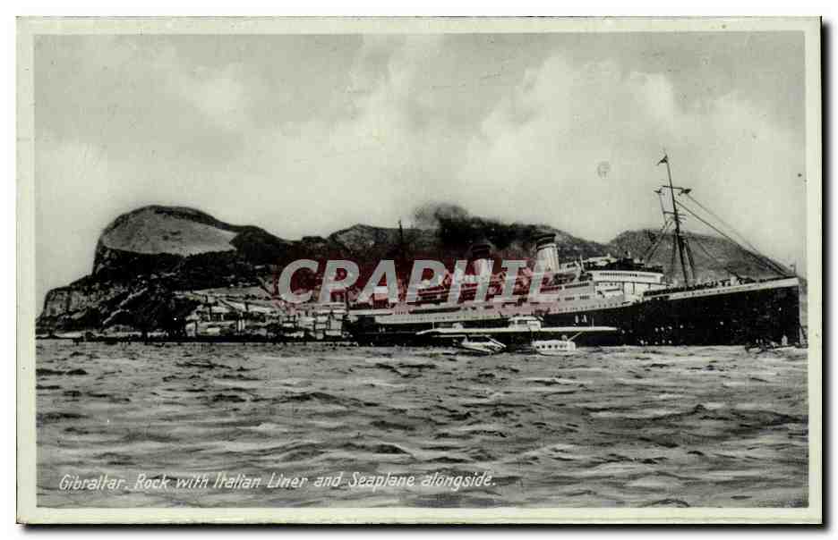 CPA Gibraltar Rock with italian Liner and seaplane alongside Hudravion 
