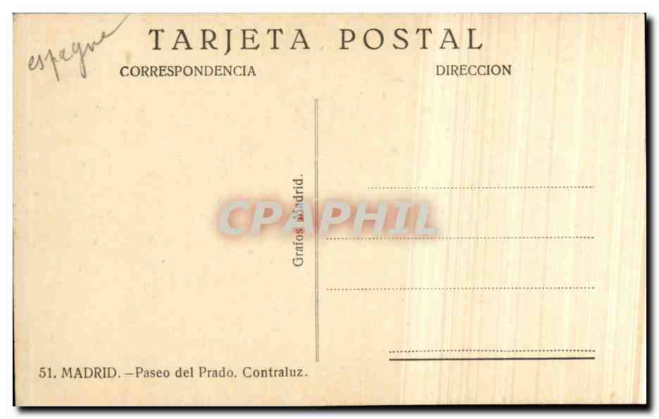 CPA Espagne Spain Espana Madrid Paseo del Prado Contraluz — Rückseite
