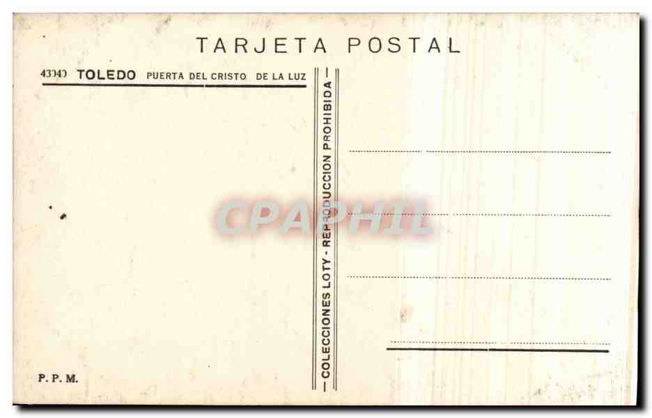 CPA Espagne Spain Espana Toledo Puerta del cristo de la Luz — Rückseite
