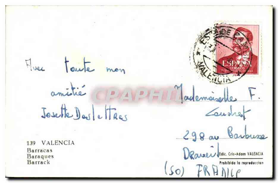 CPA Espagne Spain Espana Valencia Barracas — Verso