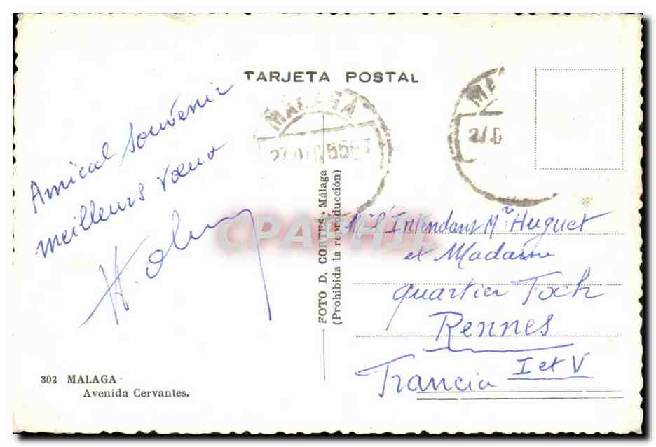 CPA Espagne Spain Espana Malaga Avenida Cervantes — Back