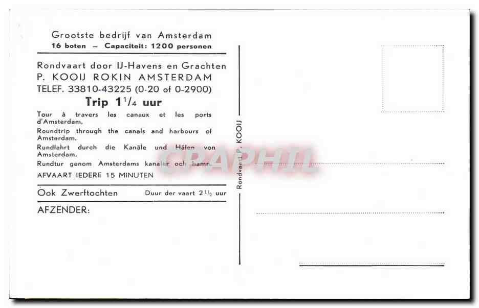 Bateau Koningin Juliana — Rondvaart — P. Kooij, Rokin, Amsterdam — Reverso