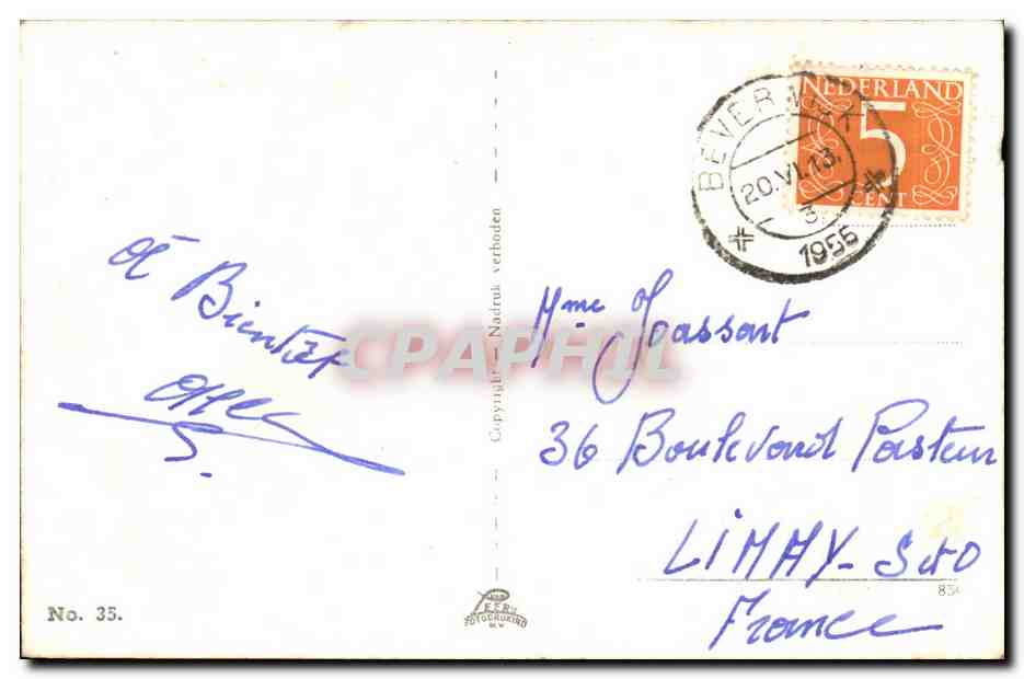 Wijk aan Zee, Julianaweg — Ansicht einer Straße mit Haus und Kirchturm — Verlag Photokhoud — Nr. 35 — Rückseite
