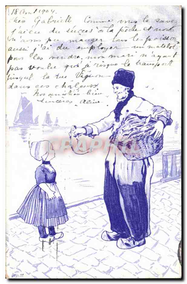 Vendeur de poissons et petite fille — scène portuaire — éditeur Depose, n° de série non visible