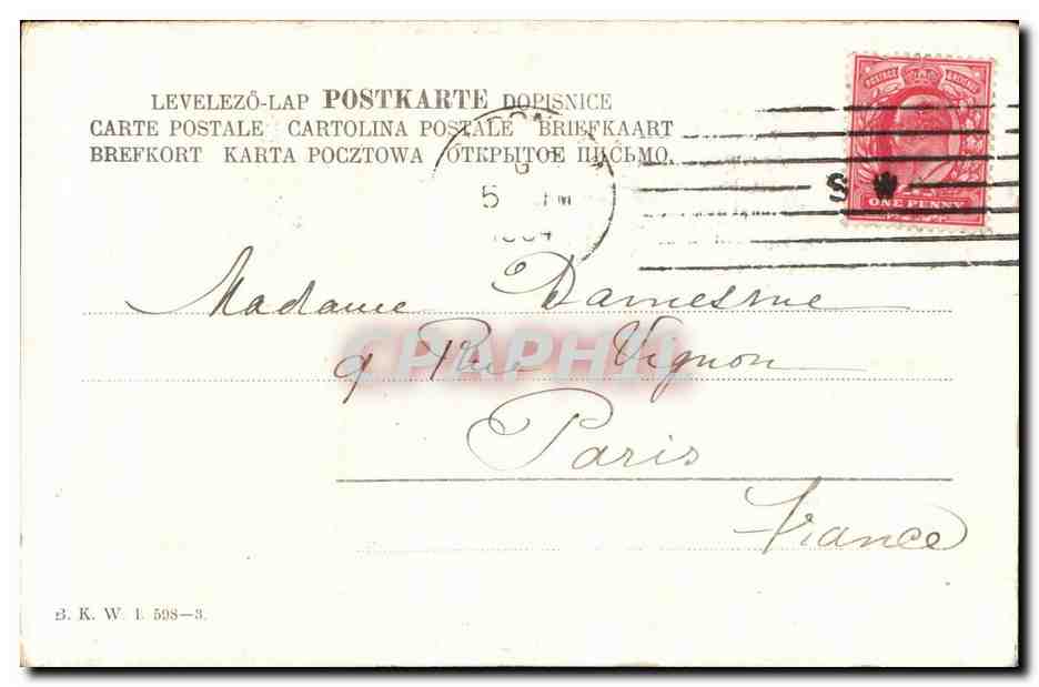 Vendeur de poissons et petite fille — scène portuaire — éditeur Depose, n° de série non visible — Reverso