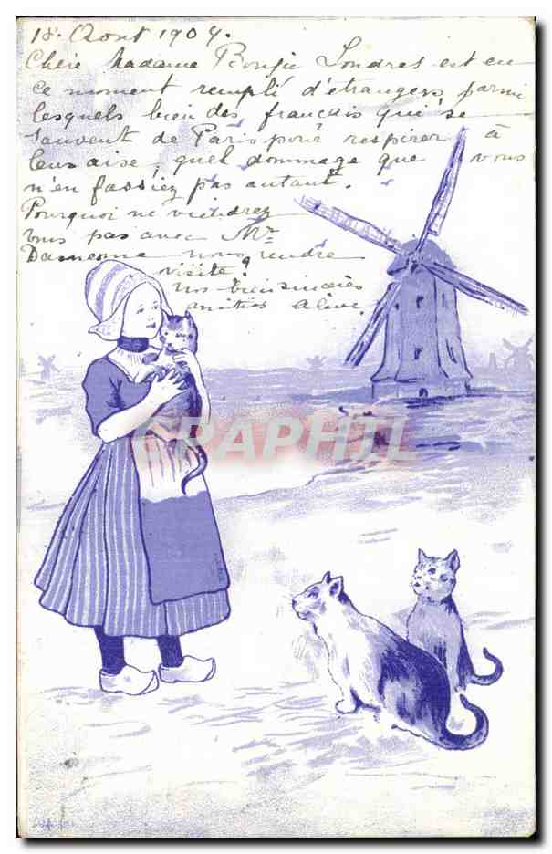 Femme avec chats devant moulin à vent — scène hollandaise — éditeur B. K. W. 1 598-4
