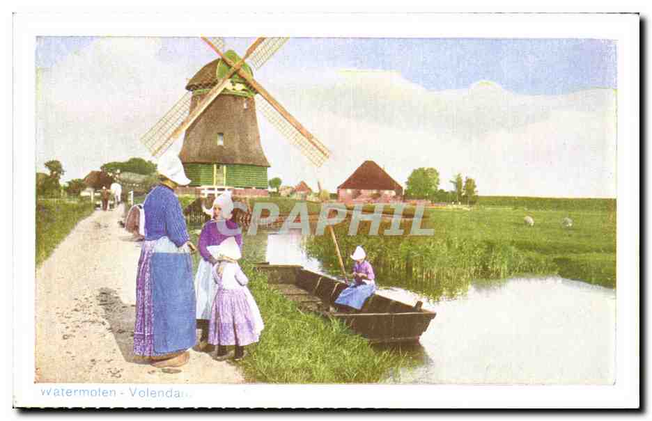 CPA Pays Bas Watermolen Windmill Moulin Voldendam Holland Folklore Costume