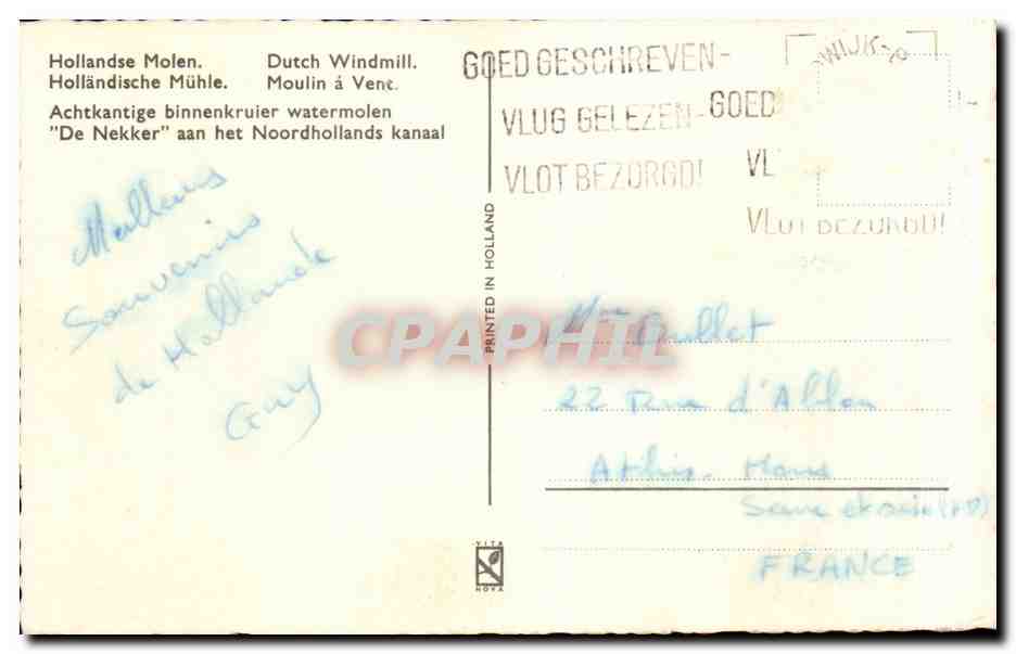 CPA Pays Bas Hollandse Molen Windmill — Rückseite