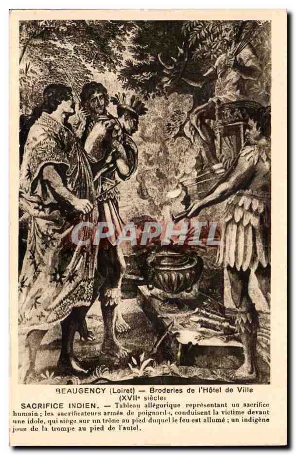 Sacrifice indien — Tableau allégorique du XVIIe siècle — Broderies de l'Hôtel de Ville, Reaugsency (Loiret)