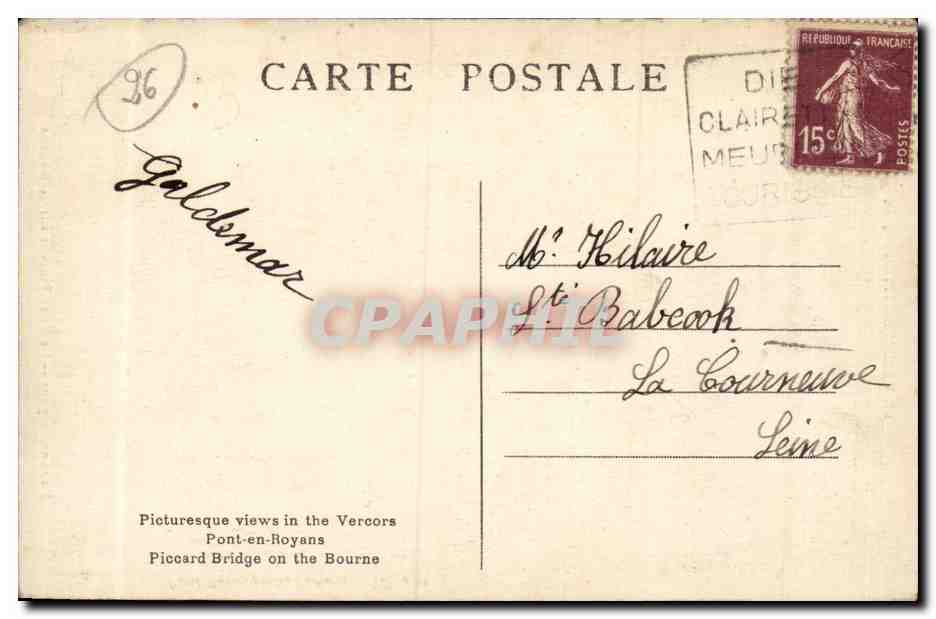 Pont-en-Royans — Le Pont Piccard sur la Bourne — Paul Boyer, Romans — Tél. 4-62 — Verso