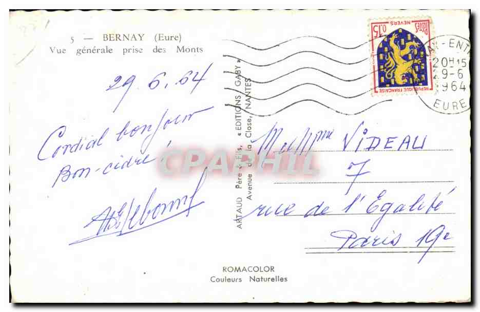 CPSM Bernay Vue generale prise des Monts — Rückseite