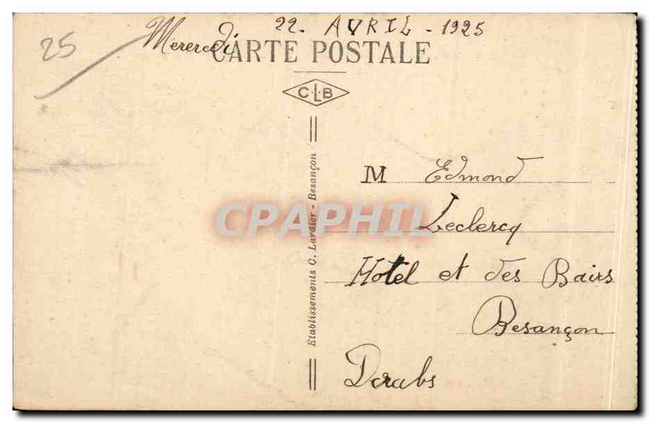Besançon-les-Bains — Allgemeiner Blick vom Bahnhof des Funiculars von Beauregard — Verlag C.L.B. — Rückseite