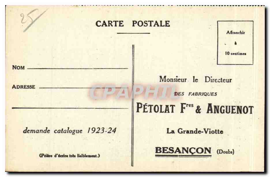 CPA Besancon les Bains Le palais Granvelle en 1875 Publicite Fabriques Petolat et Anguenot  — Rückseite