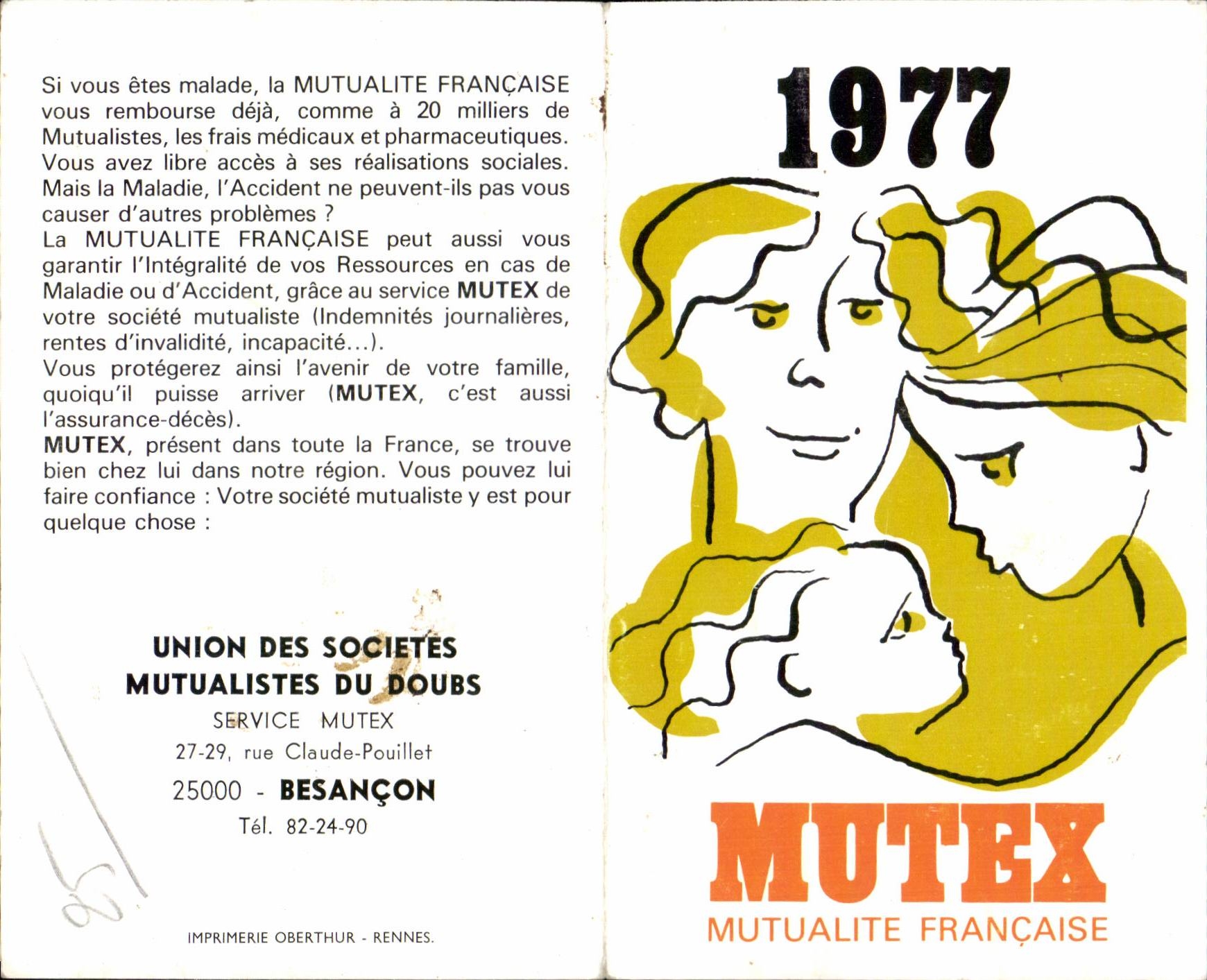Calendrier MUTEX Publicite Mutualite Francaise 1977 Besancon Rue Claude Pouillet