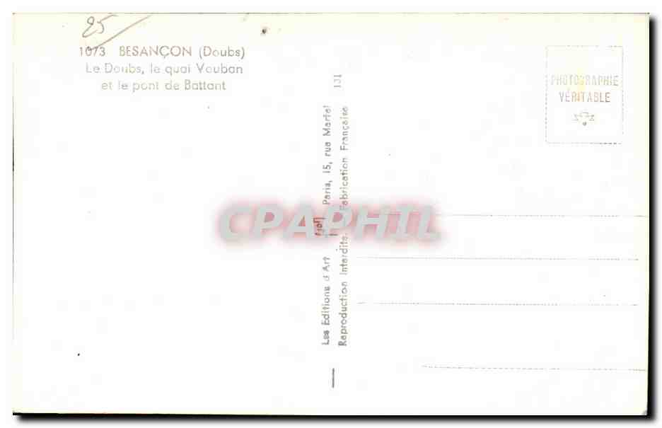 Besançon (Doubs) — Le Doubs, le quai Vaucban et le pont de Battant — Éditions d'Art, Paris — Verso