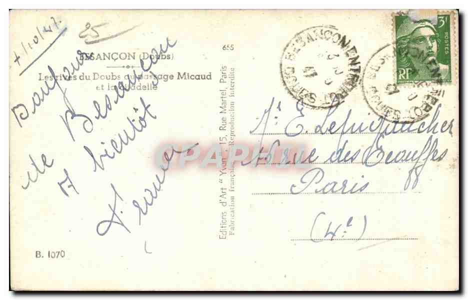 Les rives du Doubs au passage Micaud — éditeur: Editions d'Art 'Yvon' — n° B.1070 — Verso