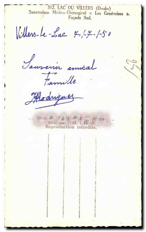Sanatorium Médico-Chirurgical « Les Genévriers » — Façade Sud — éditeur Gromaire PQUINENCI, Besançon — Back