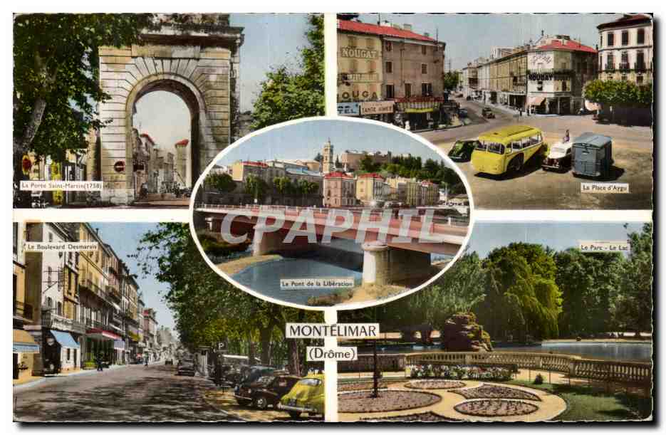 Montélimar (Drôme) — Panoramablick mit Porte Saint-Martin, Pont de la Libération, Boulevard Desmarais, Place d'Argu und Park — Verlag Les Tirages Modernes, Paris