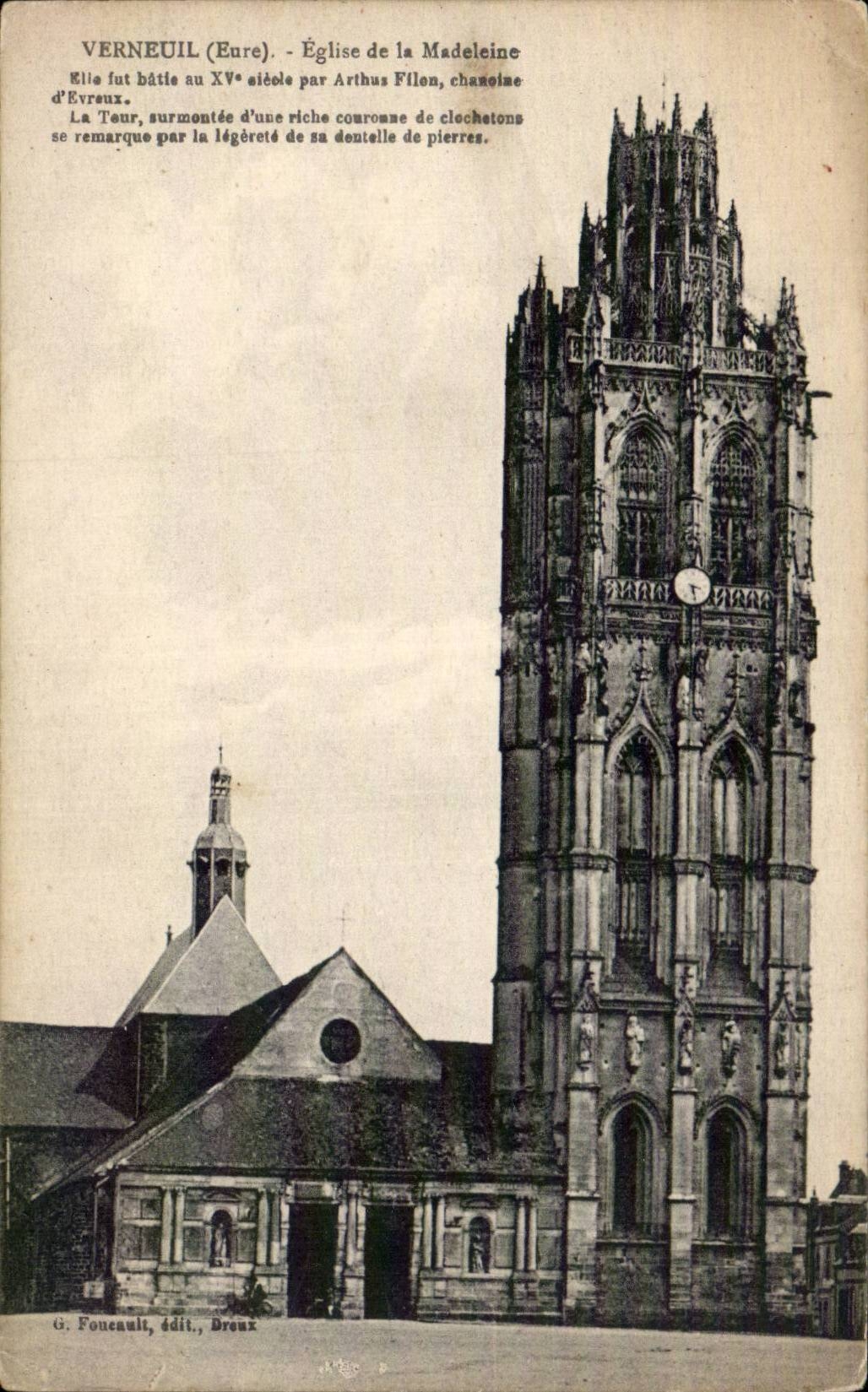 Verneuil (Eure) - Église de la Madeleine — tour gothique avec clocher à flèche ornée de clochetons — G. Foncault, Dreux