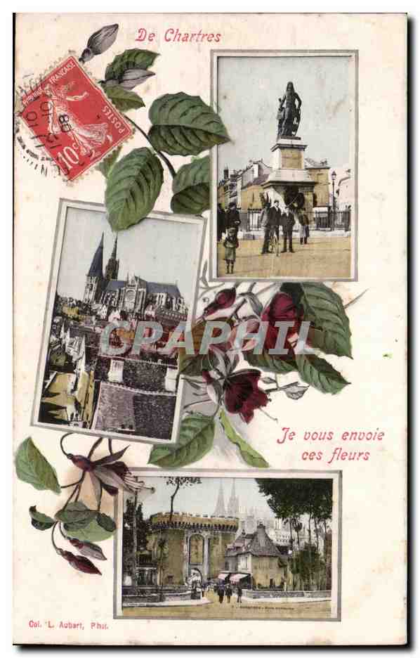 De Chartres — vue de la cathédrale, du monument et de la place — Col. L. Aubart, Phil.