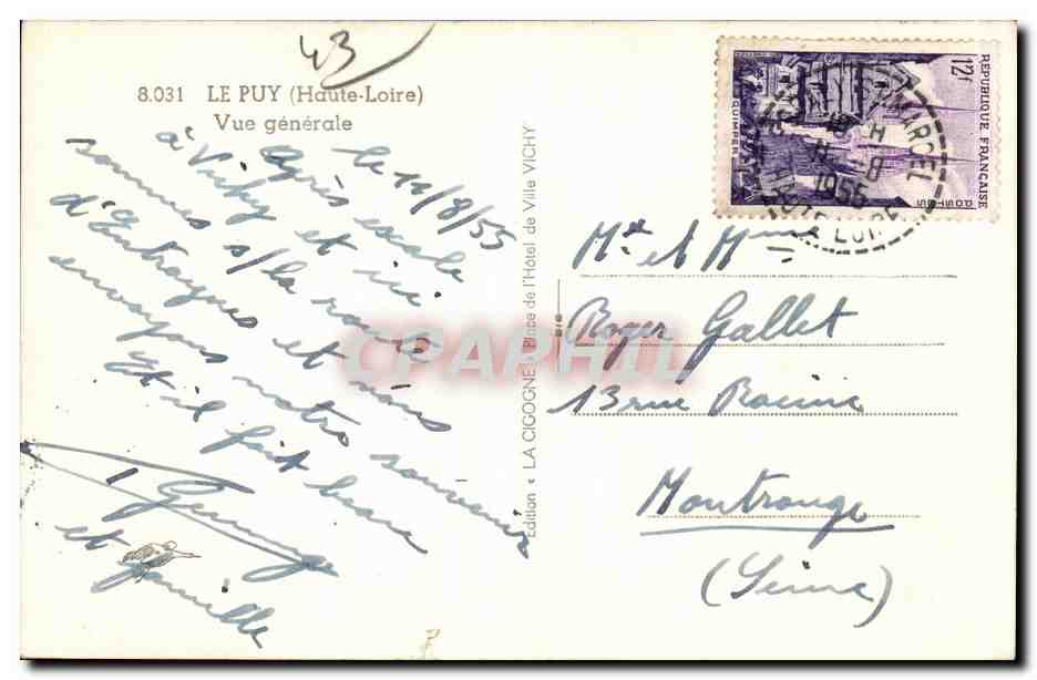 Le Puy (Haute-Loire) — Vue générale — édition La Cigogne, hôtel de Vichy — Rückseite