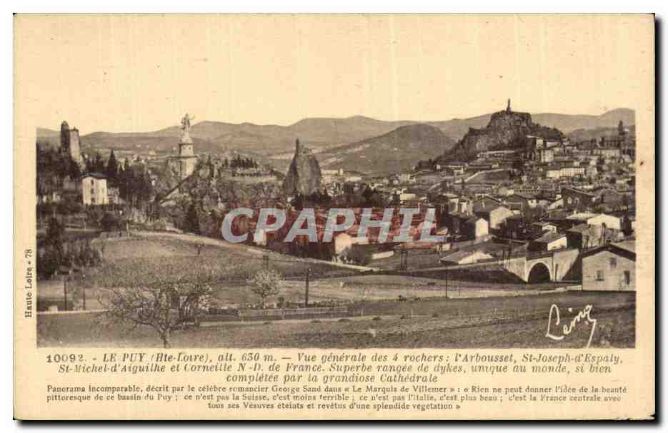Le Puy (Haute-Loire) — Vue générale des 4 rochers : l'Arbousset, St-Joseph-d'Espaly, St-Michel-d'Aiguilhe et la cathédrale — Photo-impression Léon Margerit
