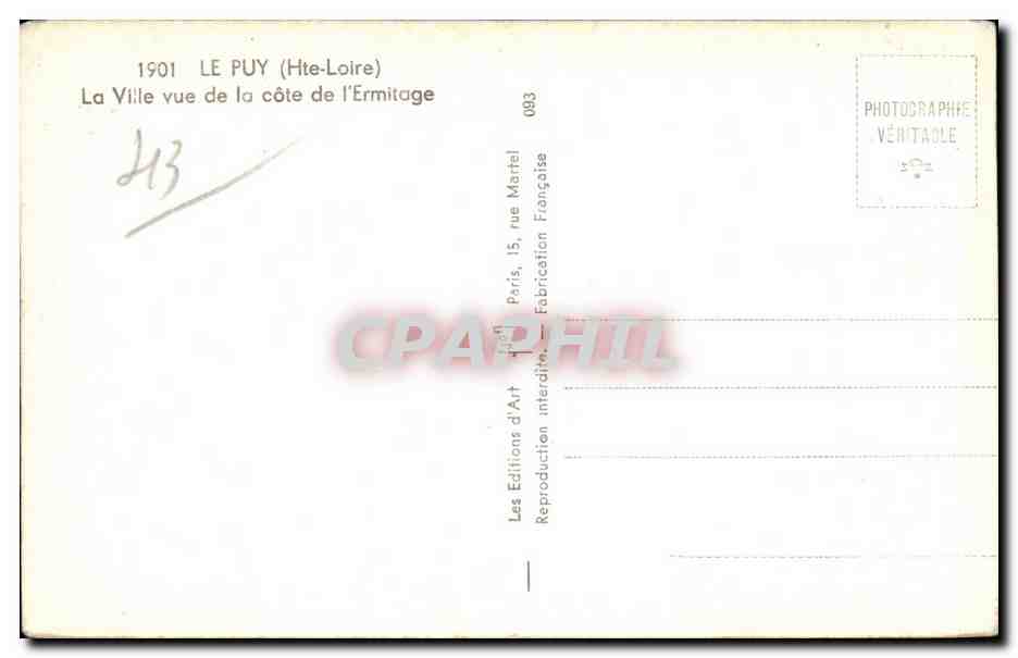 CPA Le Puy en Velay La ville vue de la cote de l'ermitage — Verso